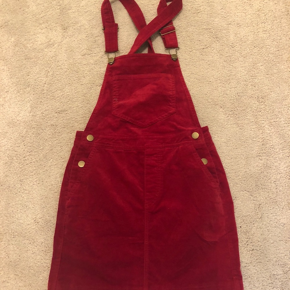 red overall dress